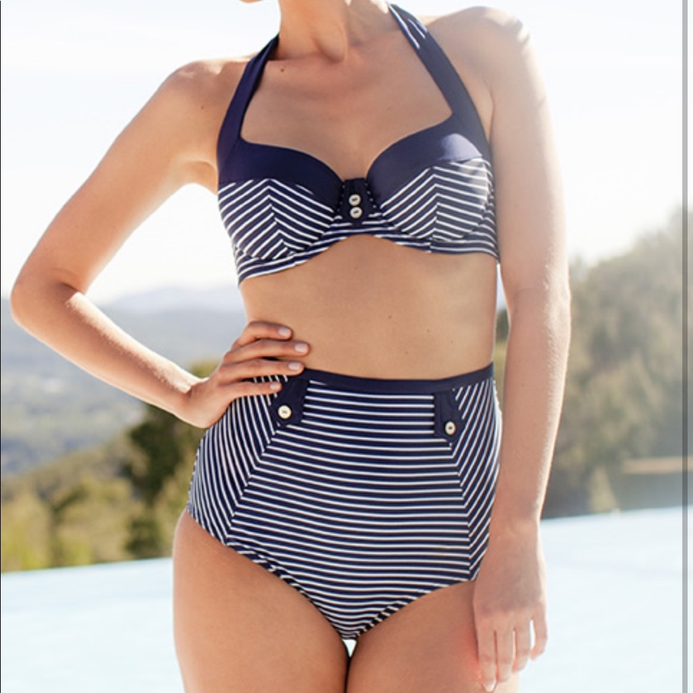 34DD L Panache Britt Stripe Halter Top High Waist Bikini Bottoms Blue Stripe